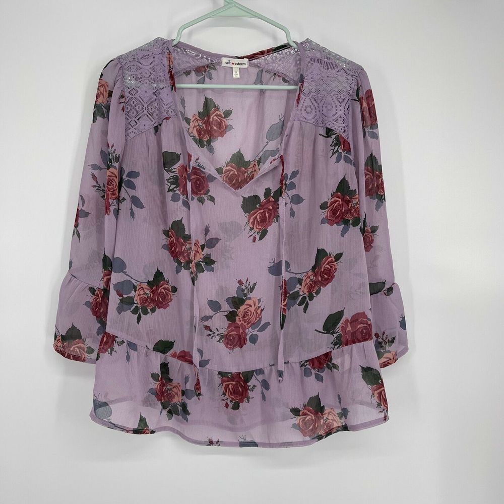 Self Esteem Women's Boho Peasant Top Size S Floral Purple Semi Sheer‎